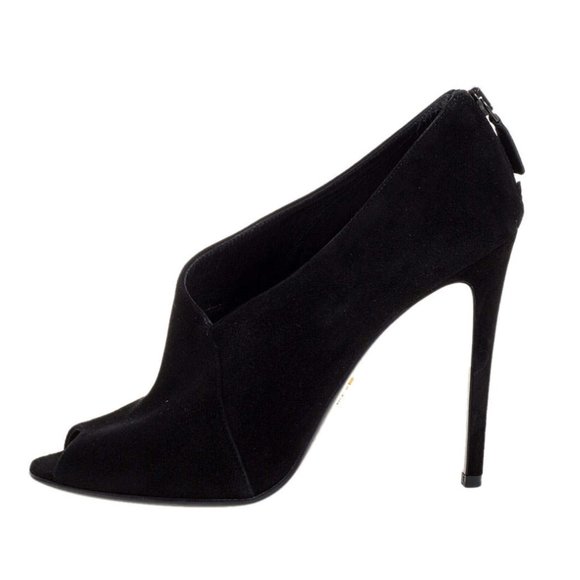 Prada Black Suede Leather Peep Toe Ankle Booties - Picture 3 of 6